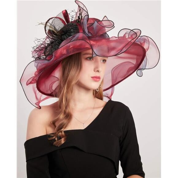Women Hat Wide Brim Tea Party Fascinator Red